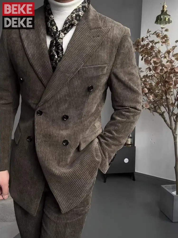 Retro office mens suit mens double chest Corduroy suit jacket slim fit pants two-piece set 250213