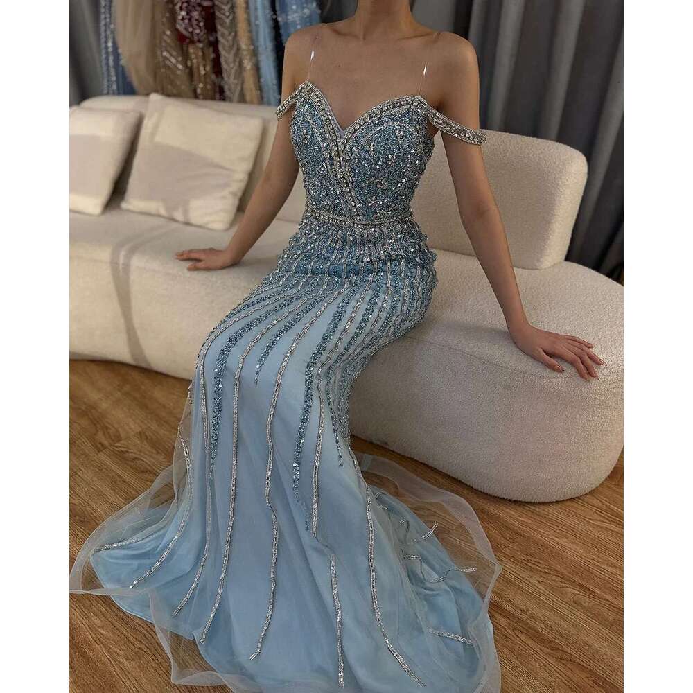 Prom Blue Mermaid Gown Beaded Saudi Evening Dress For Formal Ocn Customize BLA A mal