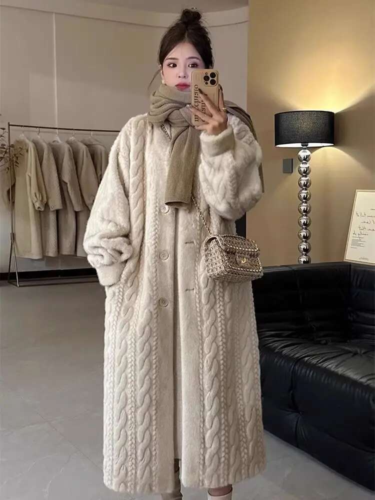 Artificial Fur Long Autumn And Winter 2024 New Fur Mink Plush Twist Coat Long One-Piece Cardigan Women