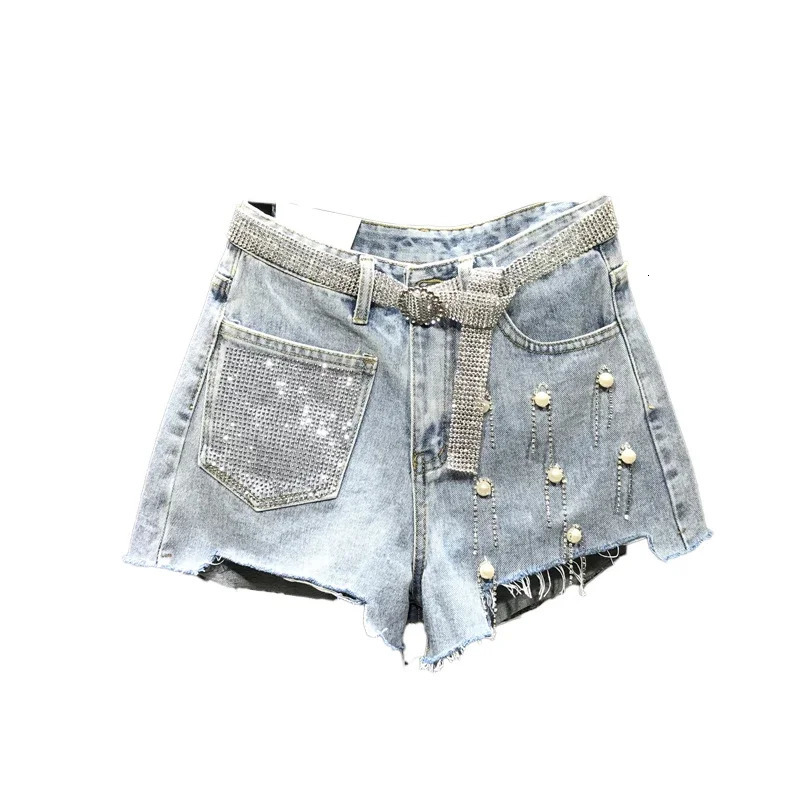 Summer Ladies Womens High Waisted Rhinestone Tassel Ripped Irregular Blue White Denim Shorts Woman Korean Jeans Shorts 250217