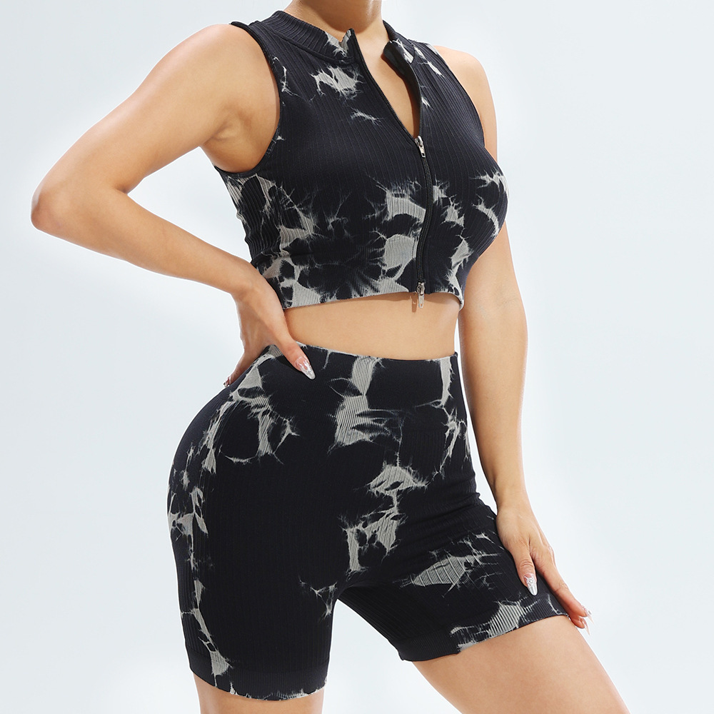 New women's fashionable and sexy tie dye zipper seamless yoga clothes casual running shorts fitness clothes training and sports set