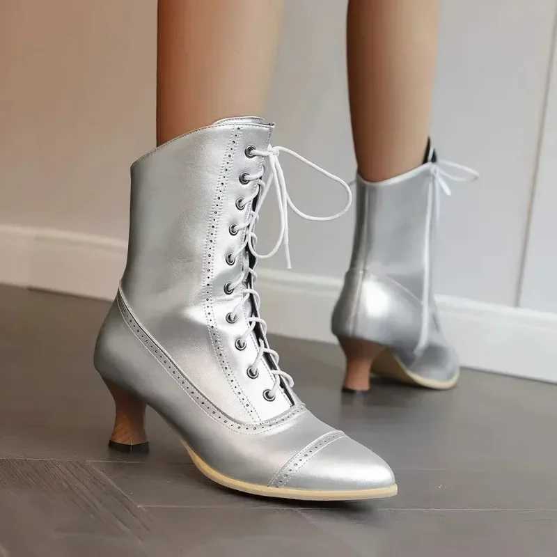 High Heeled Short Boots Women British Style Noble Knight Booties Pointed Toe Cross-tied Lace-up Ankle Boots Medieval BootsXJ250217