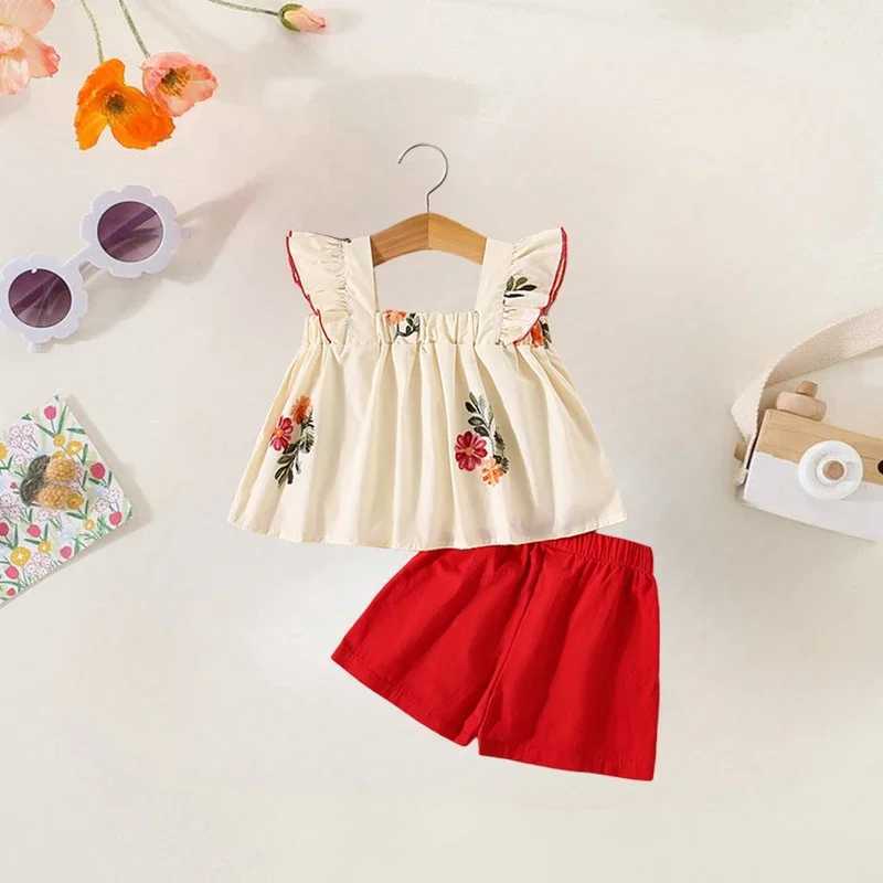 Summer Girl Cotton Sleeveless Set 2 pieces/piece Girl Flower Embroidered Small Sleeve Top+Solid Color Shorts W250218