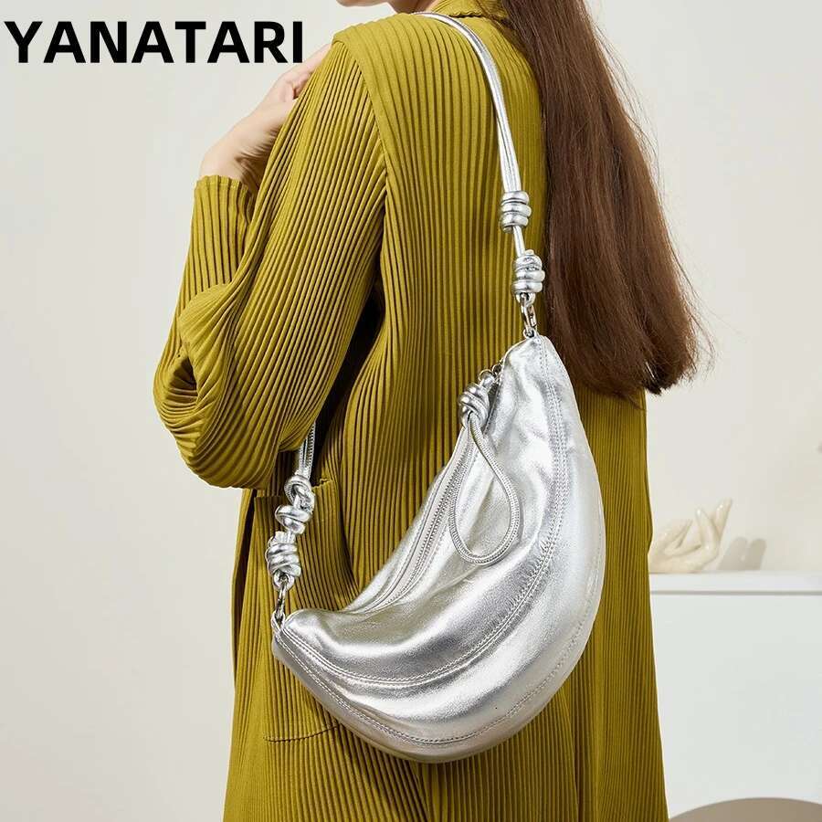 YANATARI Dumpg Leather Soft Leather Large Capacity Minimalist Crossbody Women Female Sier Bag