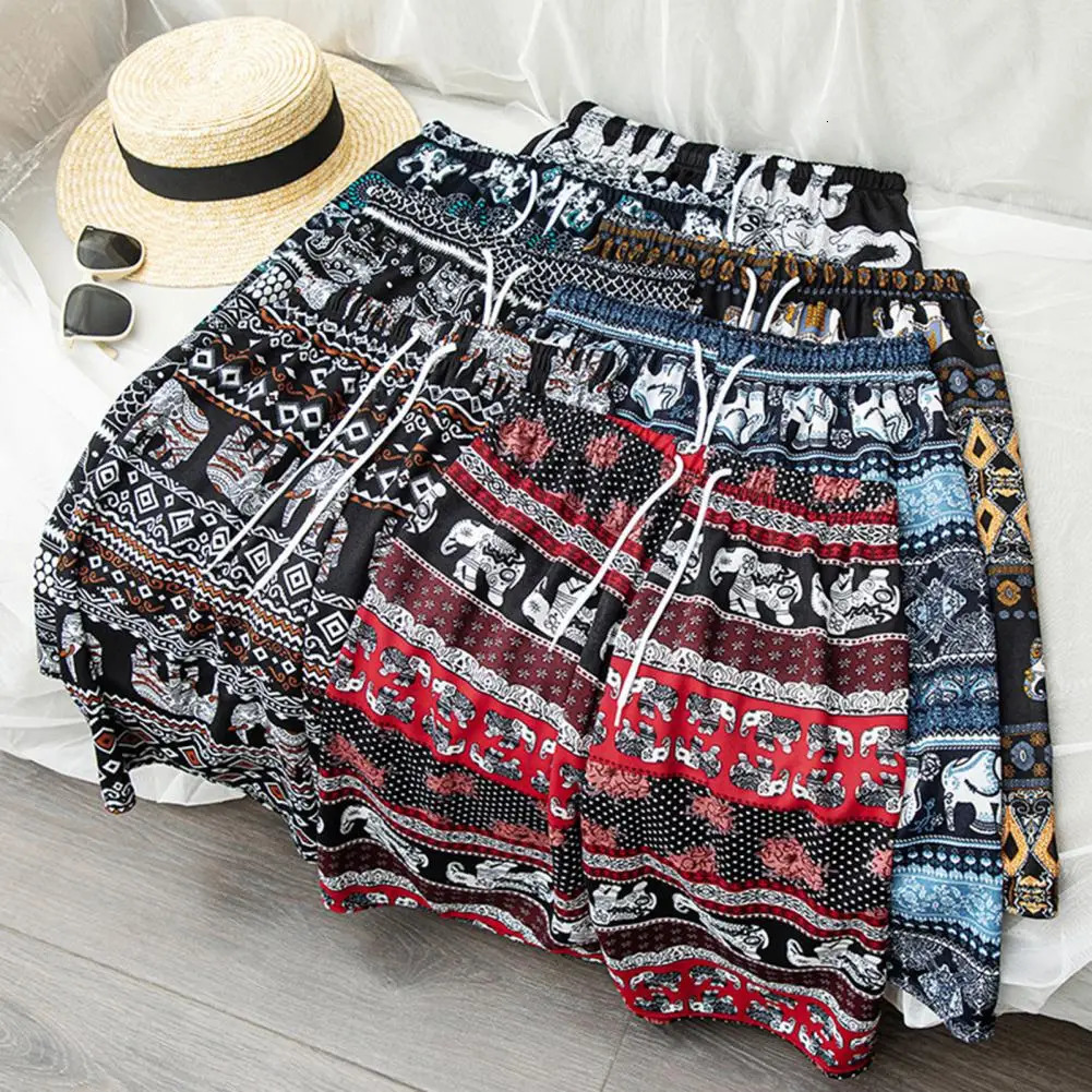 Women Summer Shorts Thailand Elephant Print Drawstring Loose Vacation Beach Travel Knee Length Shorts Homewear Pajamas Shorts 250217
