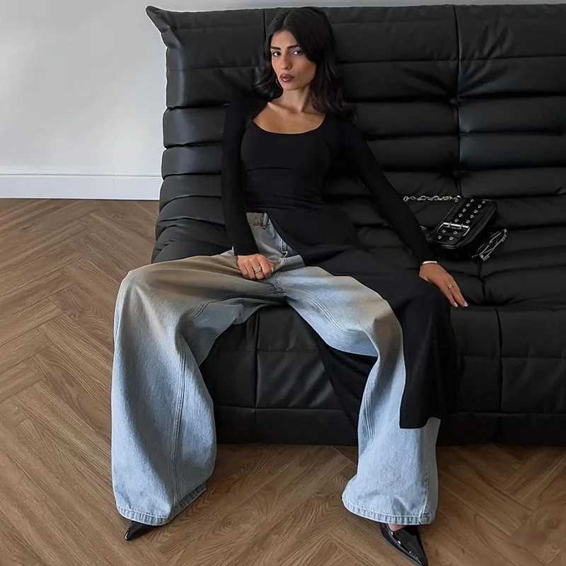 Basic Casual Dresses Lygens O Neck Long Slev Split Slit Solid WomenS Dresses Y2K Strtwear Casual Clothes Midi Long Elegant Ladies Clothes H25217