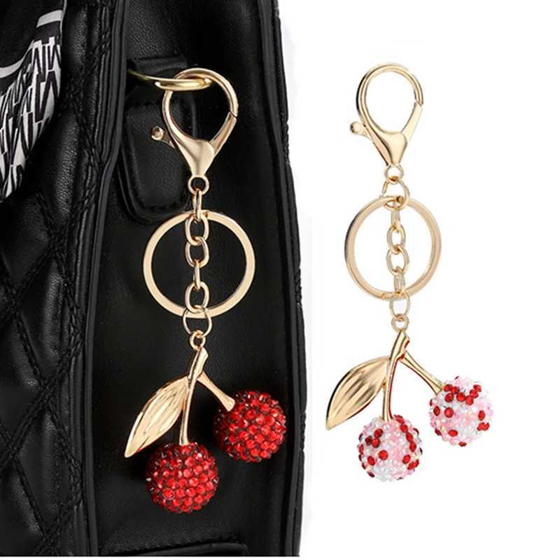 Keychains Lanyards 1Pcs Jewelry Decoration Cherry Fruit Keychain Simulation Fruitage Alloy Set With Diamonds Keyring Ladies Car Bags Pendant H250217