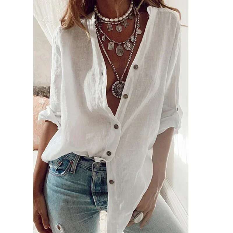 Summer Women's Cotton En Shirt Fashion Solid Color Casual Loose Button V-Neck Long Sleeve Top Commuter Wear