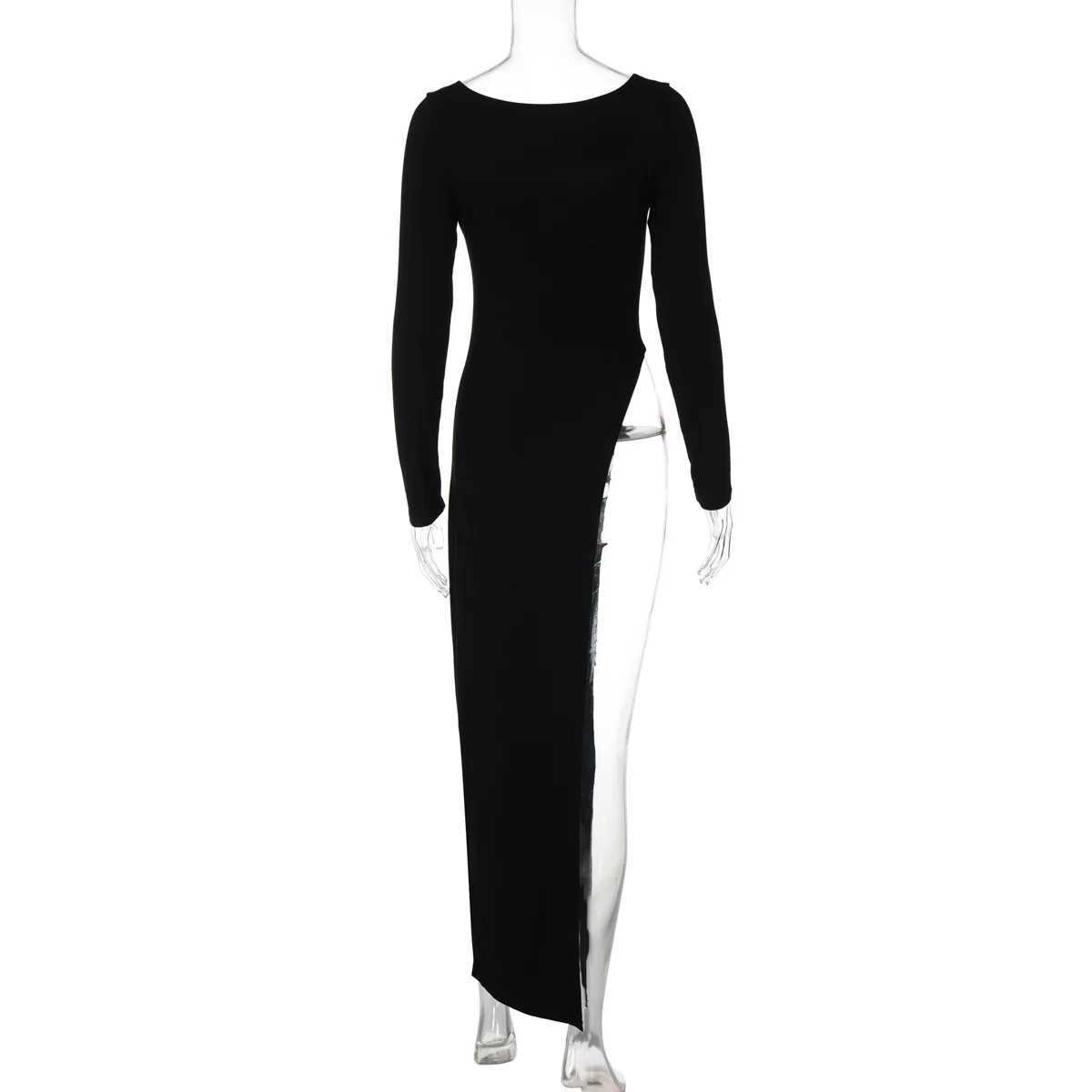 Basic Casual Dresses Lygens O Neck Long Slev Split Slit Solid WomenS Dresses Y2K Strtwear Casual Clothes Midi Long Elegant Ladies Clothes H25217