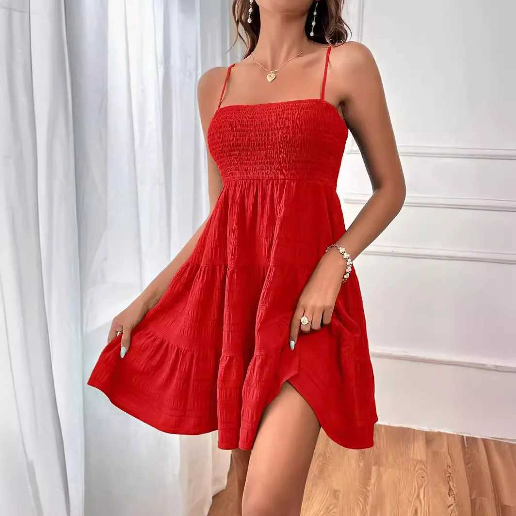 Basic Casual Dresses Bohemian Beach Sundress Women Sexy Slveless Backless Big Swing Mini Dress Solid Spaghetti Strap Ruffles Dresses Vestidos H25217