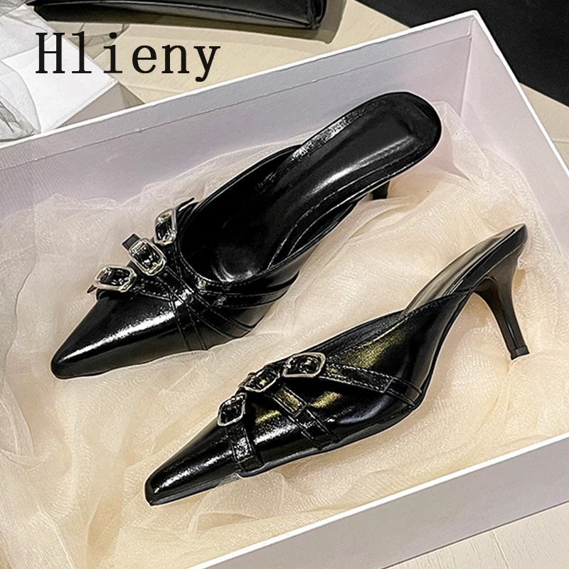 Hlieny 2025 Gold Silver Pointed Toe Ladies Shoes er Low Heels Mules Slippers Fashion Buckle Strap Pumps Women Slides 250217