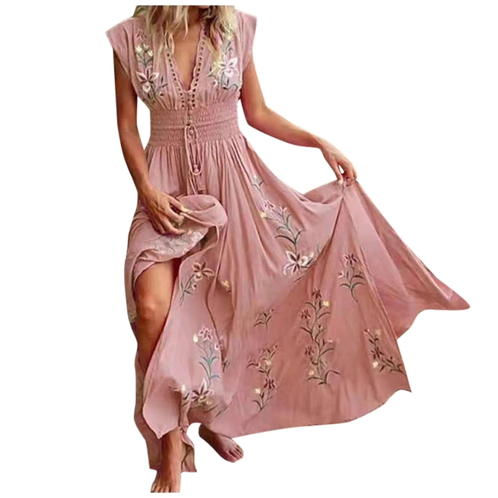 Bohemian beach dress womens pleated V-neck floral retro high waisted A-line long sleeved lace jacquard Maxi Sundress 250213