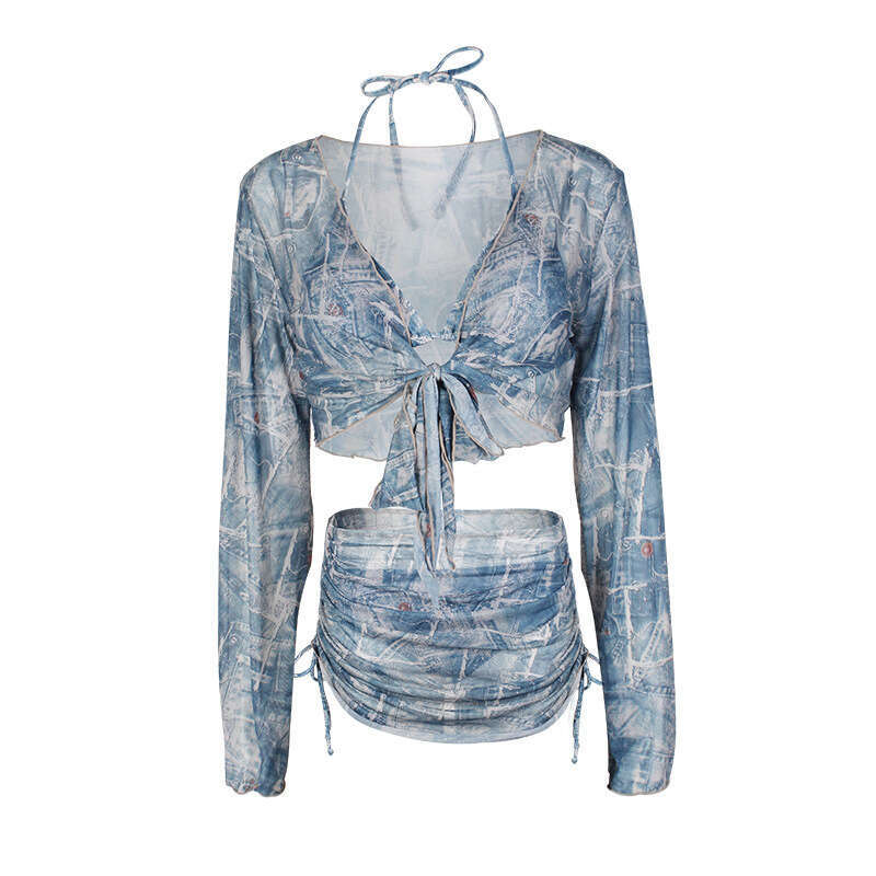 Swimsuit Women 2025 New Denim Spicy Girl Tie Dye Sexy Split Bikini Four Piece Set Slimming Soak Hot Spring Vacation Bathing Suits Designer Thong New P