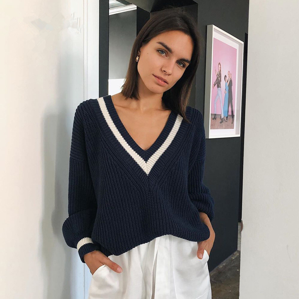 Autumn Winter Casual Splicing Color Contrast Thin Loose Long Sleeve Womens Sweater
