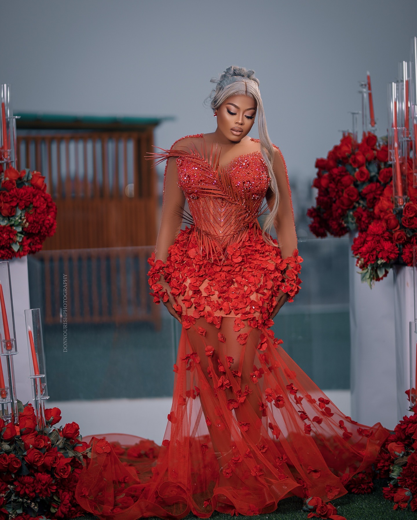 Aso Ebi 2025 Red Mermaid Prom Dresses Floral Flowers Beaded Crystals Illusion Evening Formal Party Second Reception Birthday Gowns Dress For Special O