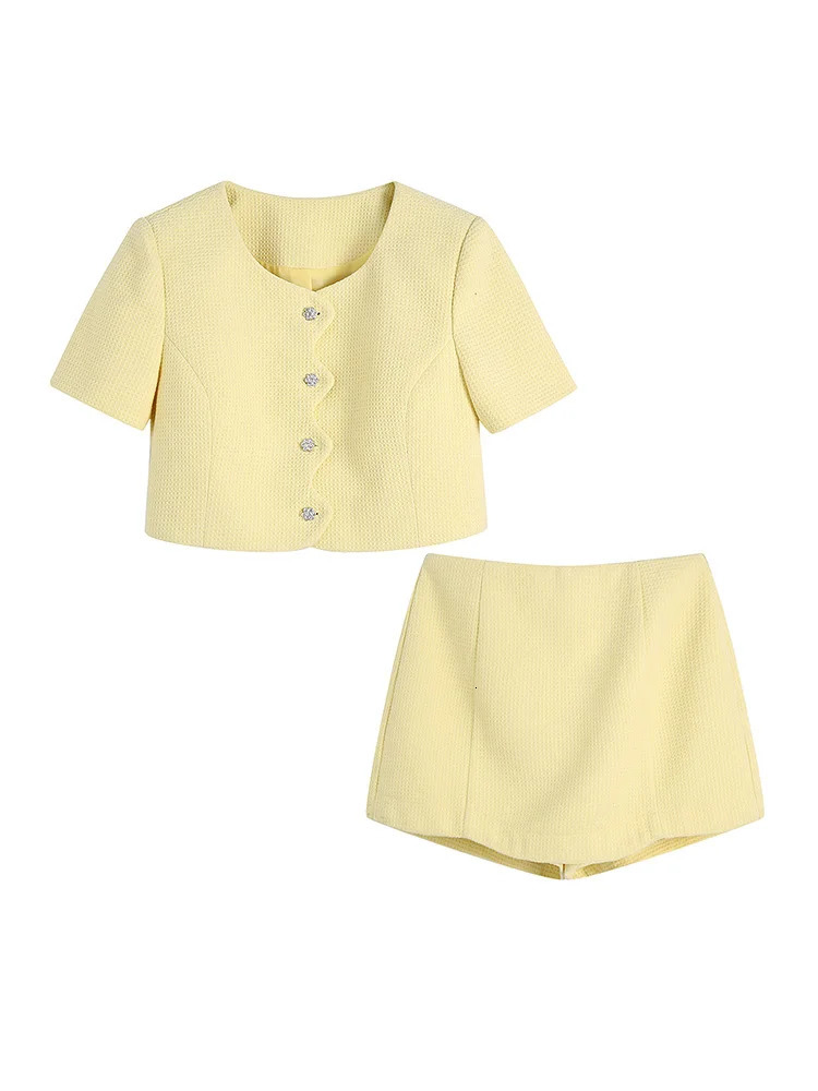 Summer Two Piece Set Elegant Textured Shorts Sets Rhinestone Button Up Crop Top And High Waist Skort Matching Sets For Women 250217