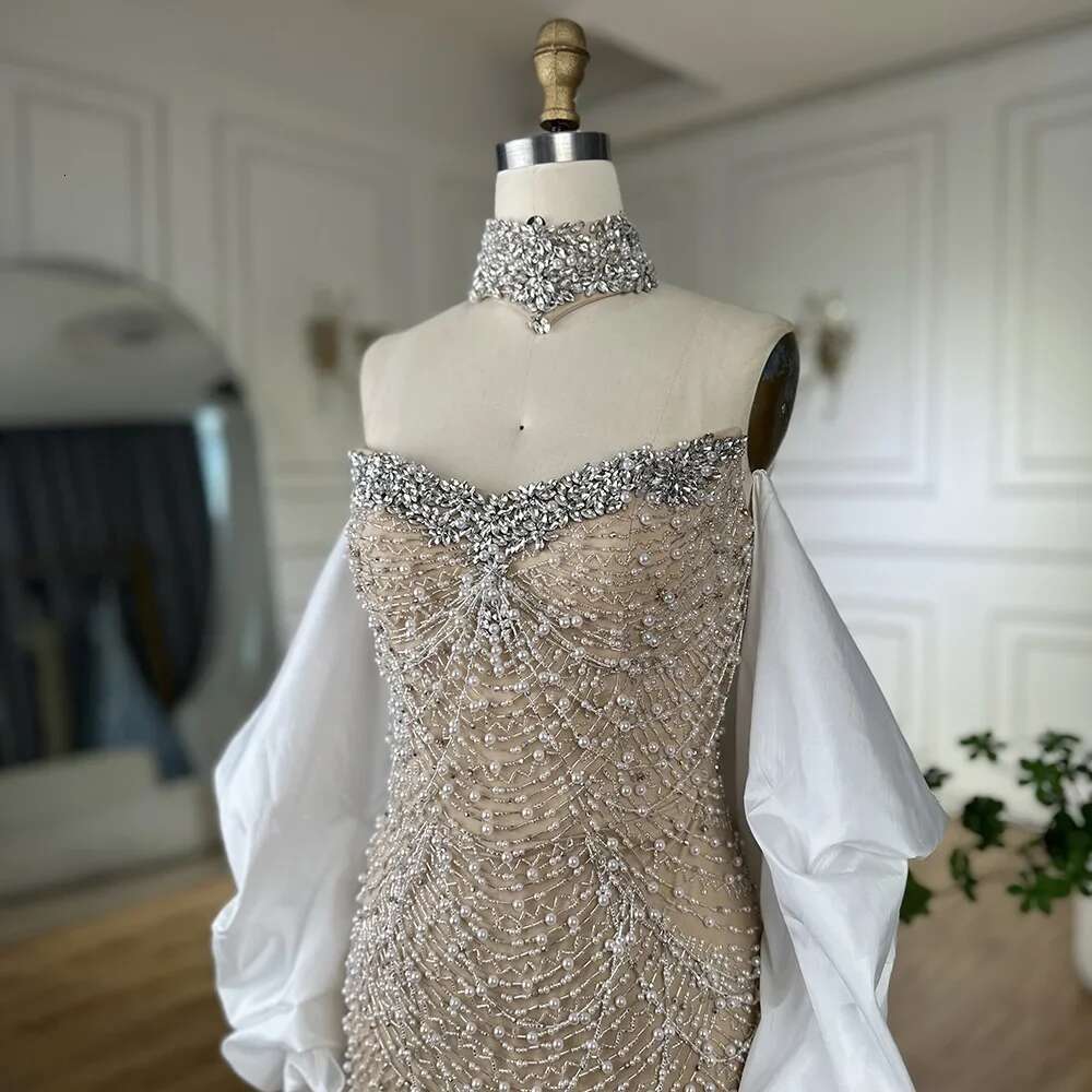 Beaded Saudi Evening Dresses Gowns White Mermaid For Women Evening Party BLA Customized