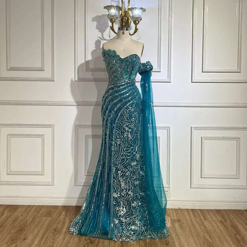 Green Customized One Shoulder Beaded Mermaid Evening Dress With Side Cape Sleeves For Formal Ocn BLA mal