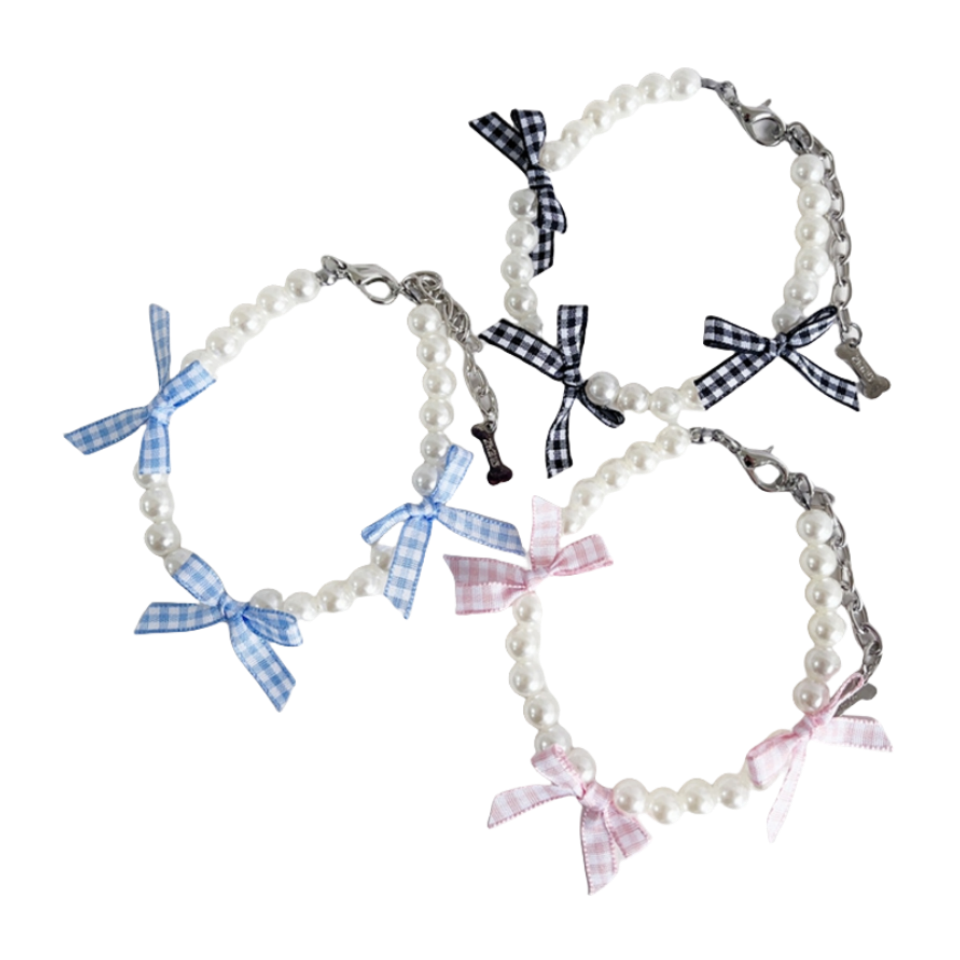 Pearl Dog Necklace with 3 Cute Bows, Cat and Dog Cute Pearl Necklace for Small Medium Dogs Pomeranian, Chihuahua, Pet Neck Decoration, Adjustable Pet 