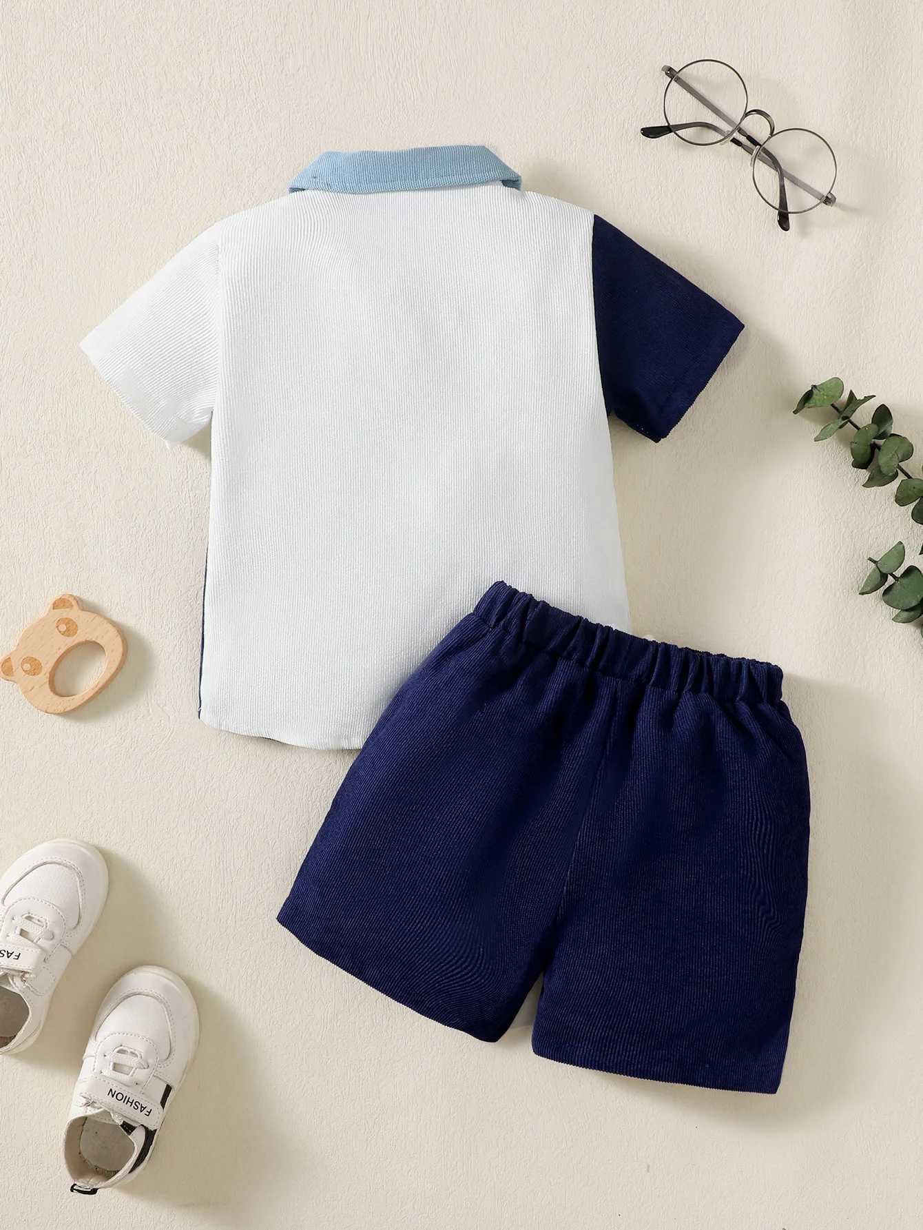 1-6 Year Children Boys Flip collar Color Blocked Pit Stripe Top+Shorts Fashion 2Pcs /set Sunny Handsome Boys Summer Set W250218