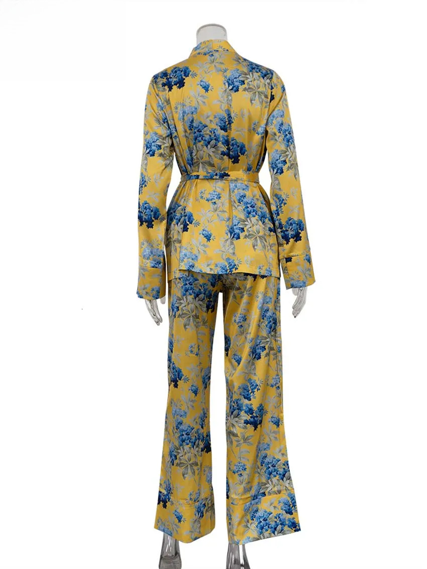 Oymimi Fashion Yellow Print Womens 2 Piece Outfit Set Casual Satin Long Sleeve Lace-Up Shirts And Drawstring Straight Pants Sets