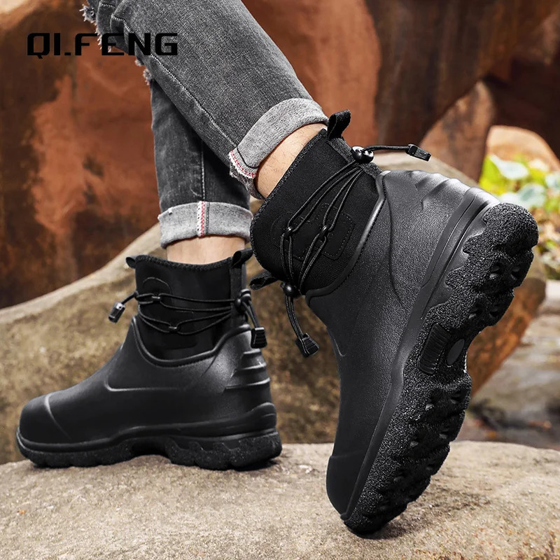 Mens Rain Shoes Leather Top Thick Sole High Top Anti Slip Water Shoes Outdoor Mountaineering Plush Warm Boots Work Safety Boots 250217