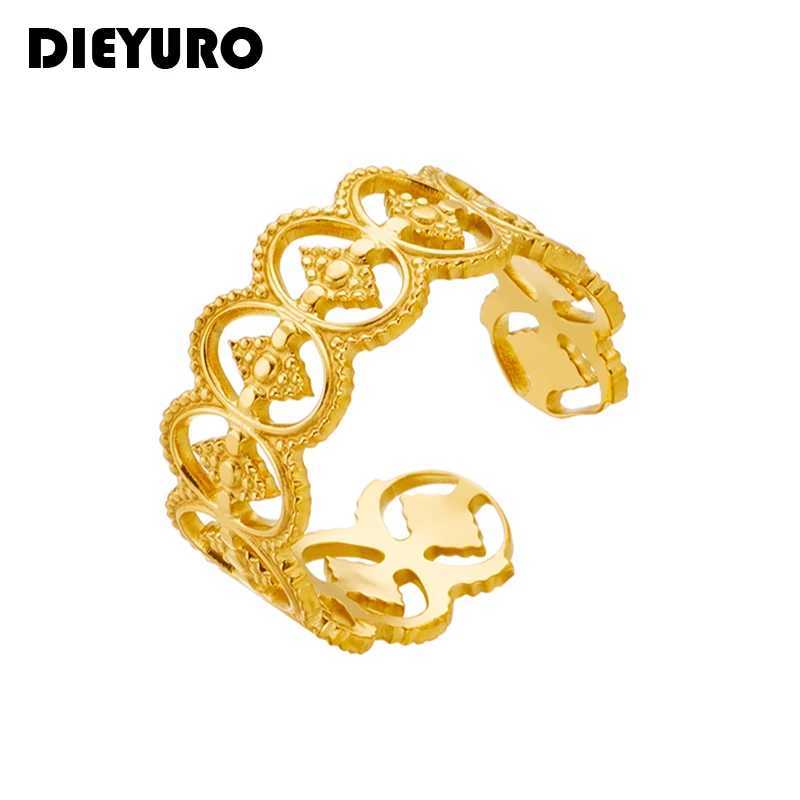 Cluster Rings DIEYURO 316L Stainless Steel Retro Open Womens Ring Hollow Outer Gold Adjustable New Jewelry Wholesale H250217