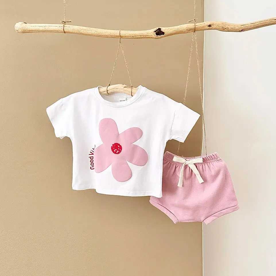 Toddler Boys Outfit Baby Clothes Set Newborn Baby Summer Clothing Cotton Girl Suit Sun Flower Print T-shirt+Beach Shorts W250218