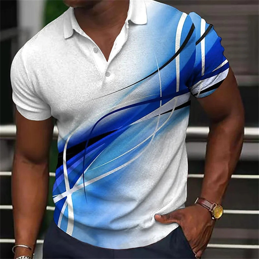 Fashion MenS Polo Shirt Gradient Line Summer Short Sleeve TShirts Casual Daily Lapel Tops Tees Striped T For Man Clothing 250213