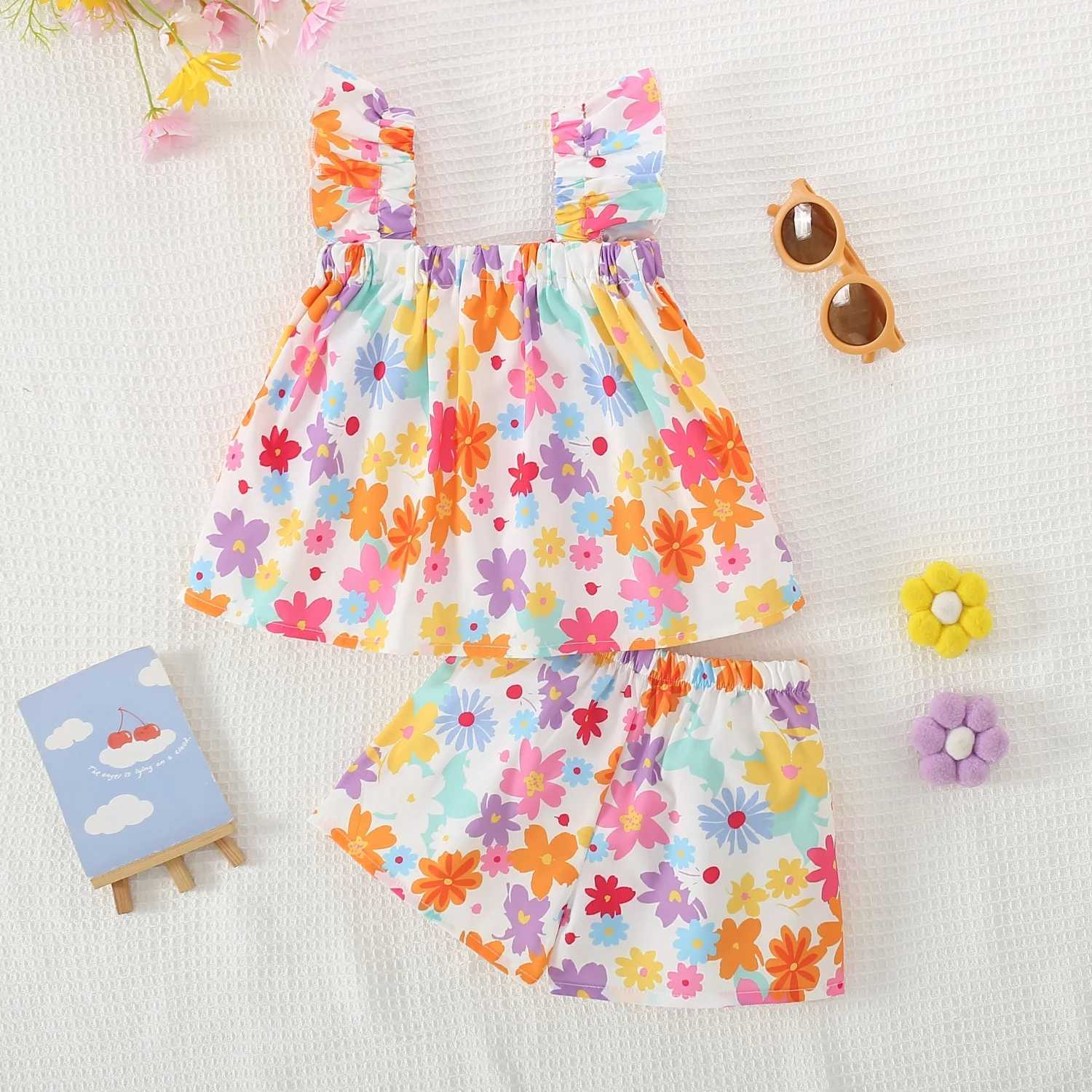 2 Pieces Set Summer Baby Girl Clothes Set Colorful Flower Printed Top with Shorts Baby Girl Korean Outfit W250218