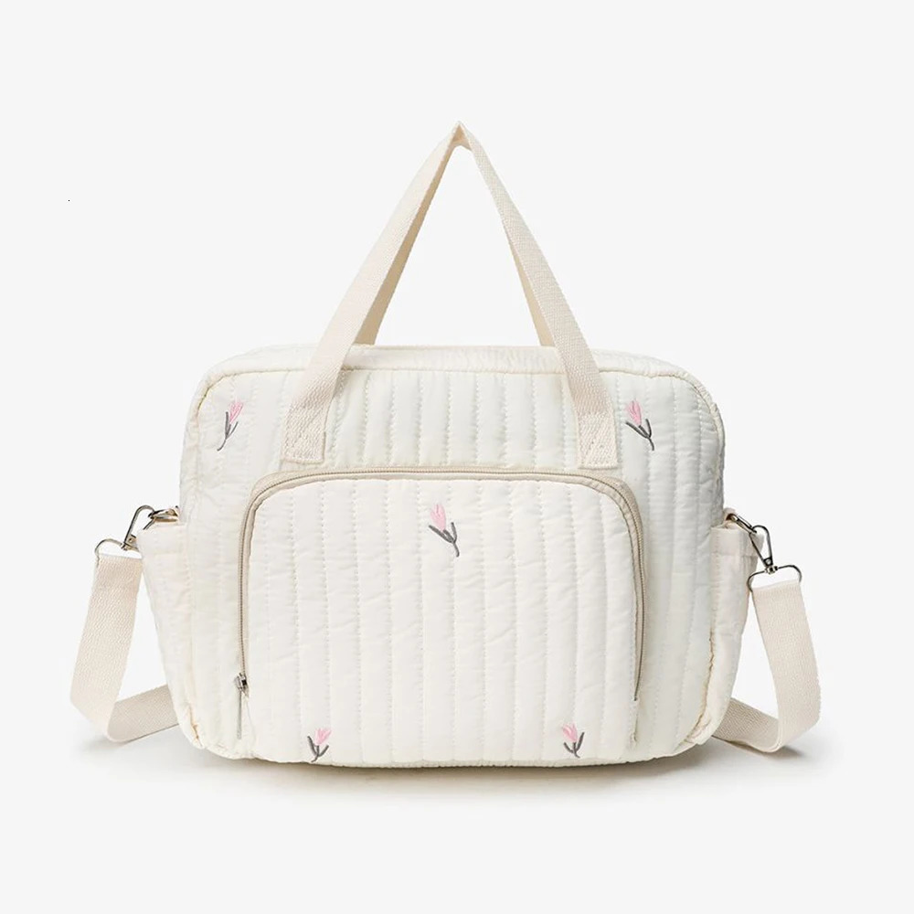 Cute Bear Flower Embroidery Pattern Baby Beige Cotton Fabric Zipper Diaper Handbag Luggage Bag 250218