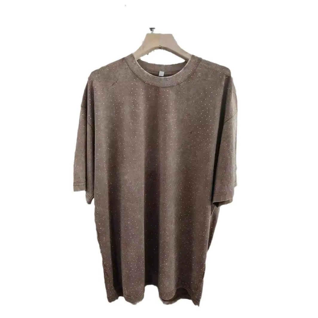 American Retro Pure Cotton Vintage T-shirt with Diamond Earth Color Street Style Diamond Flash Retro T-shirt for Men and Women 250217