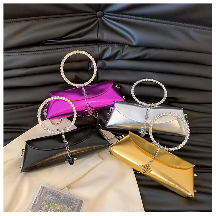 Metallic Women's Dinner Bag with Rhinestone Detail - Round Circle hot Handle, Cute Evening Clutch