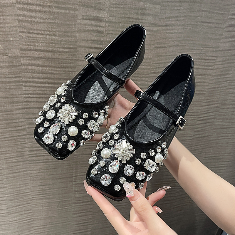 Summer Fashion High end Diamond Set Mary Jane Sandals Women's Square Toe Shoes Designer Women's Sandals Luxury Women Ballet banquet Flat Shoes