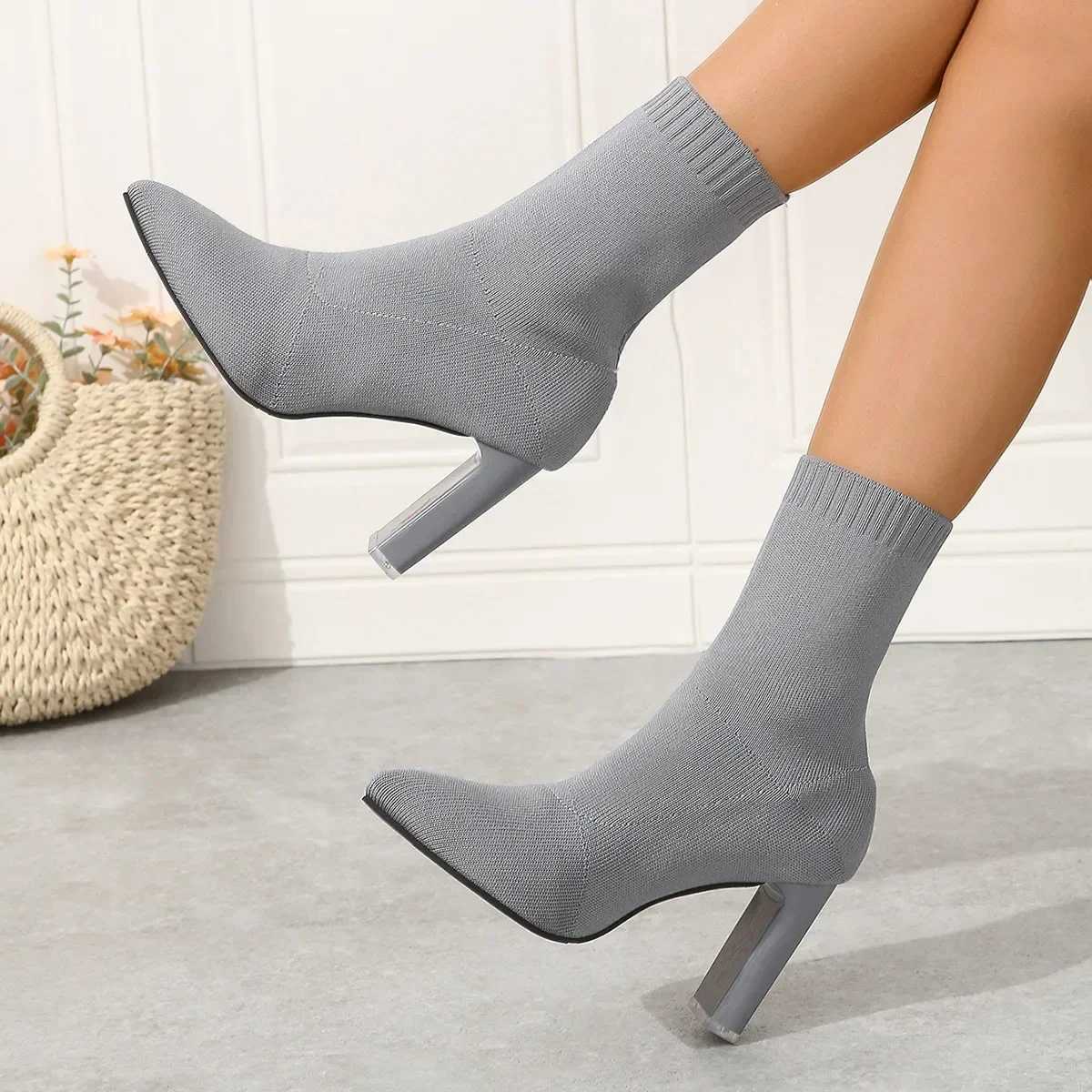 Womens Fi Heeled Ankle Boots Autumn Pointy Solid Color Streh Knitted Sock Boots Women Chunky Slip Shoes Plus-size 43XJ250217