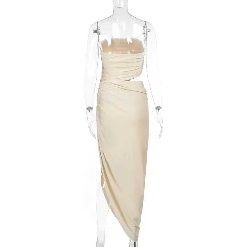 Basic Casual Dresses Women Sexy Hollow Out Shirring Strapless Asymmetrical Maxi Party Dress Elegant Strapless Backless Banquet Birthday Long Robe H252