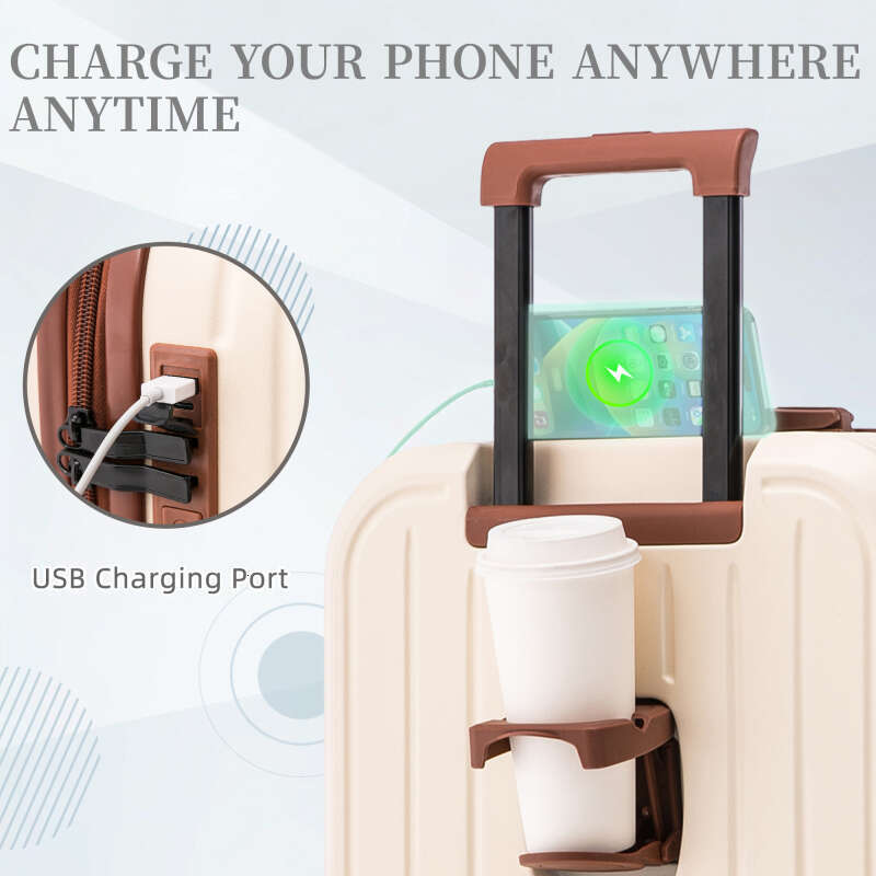 Suitcases 20/24/28in ABS Spinner Wheel Lage Carry on Suitcase with Cup Holder USB Port (Beige)