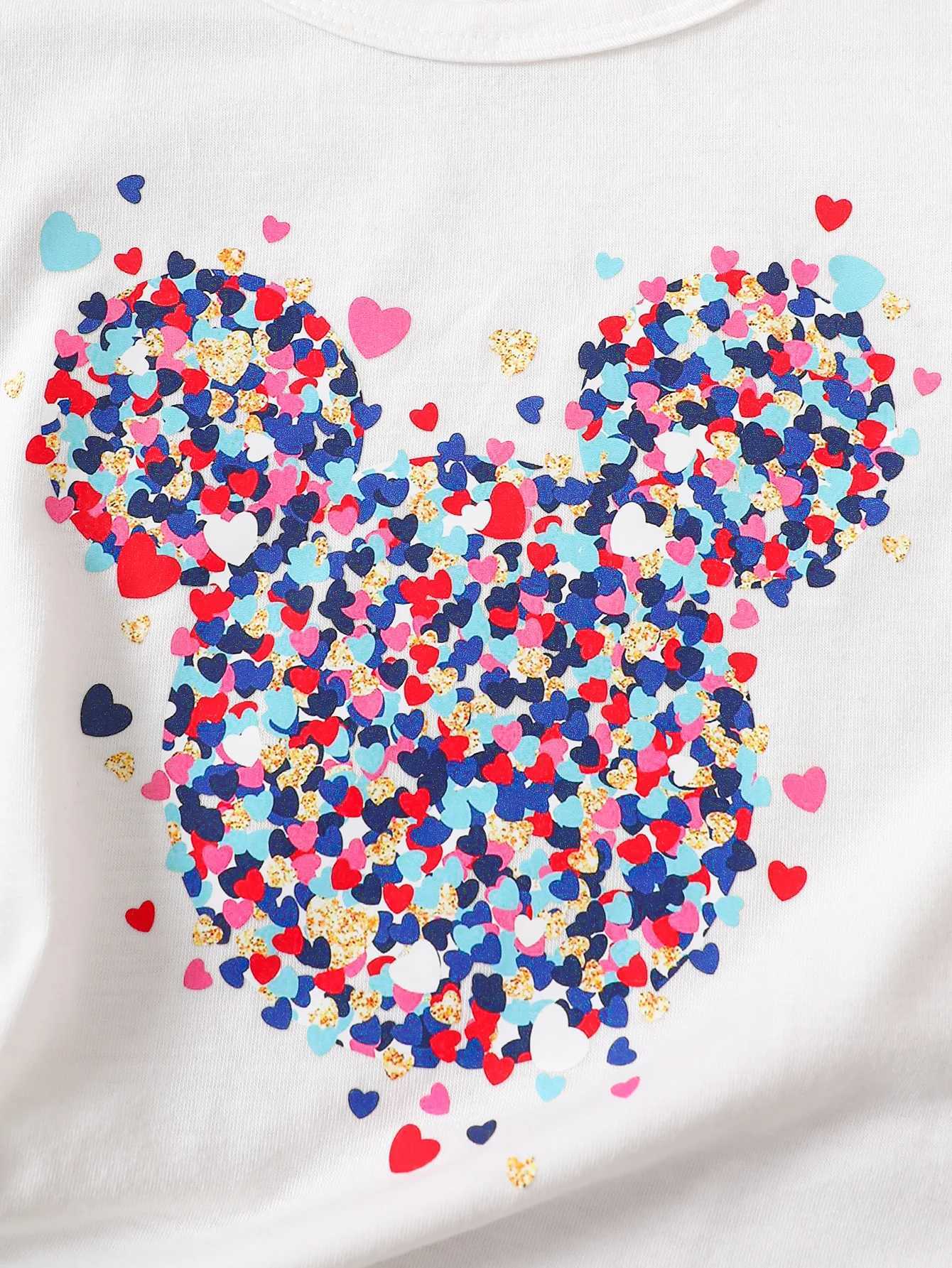 Summer childrens girls clothing set with heart-shaped printed short sleeved top colorful heart-shaped picture skiing 2PCS clothing Valentines Day gift