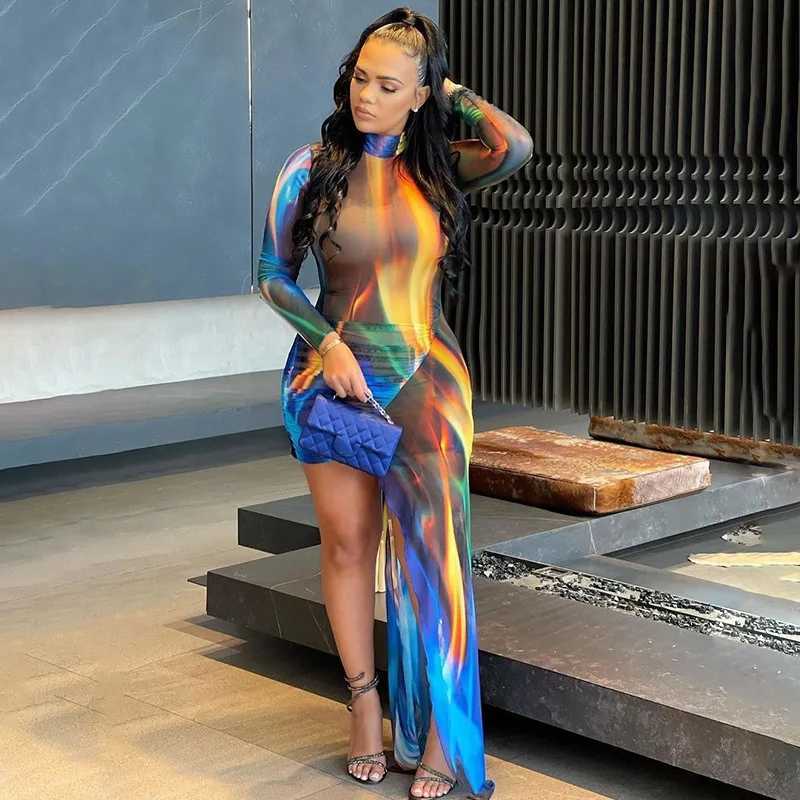 Basic Casual Dresses Lygens Flare Tie Dye Print Long Slve Bodycon Women Dress Fashion Elegant Ladies Evening Casual Party Wholesale Clothes H25217