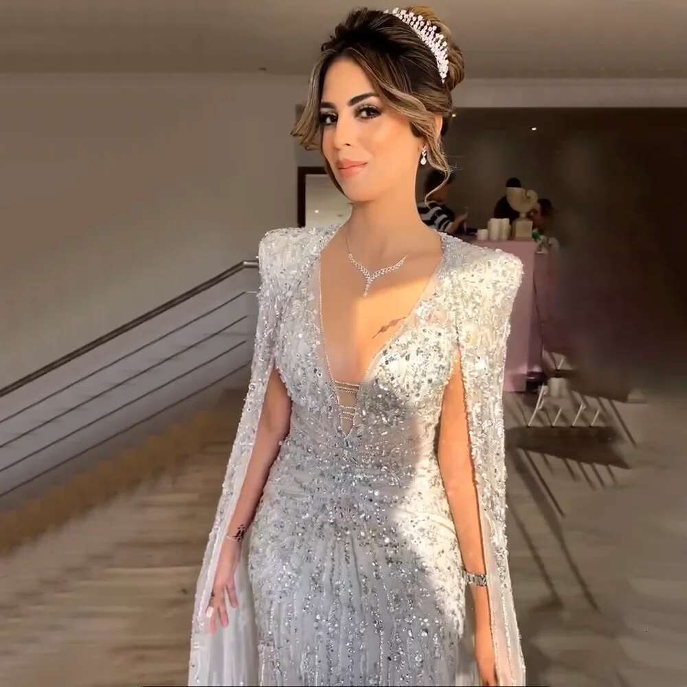 Sier Arabic Mermaid Cape Sleeves Beaded Evening Dresses Gowns Customize Evening Party BLA