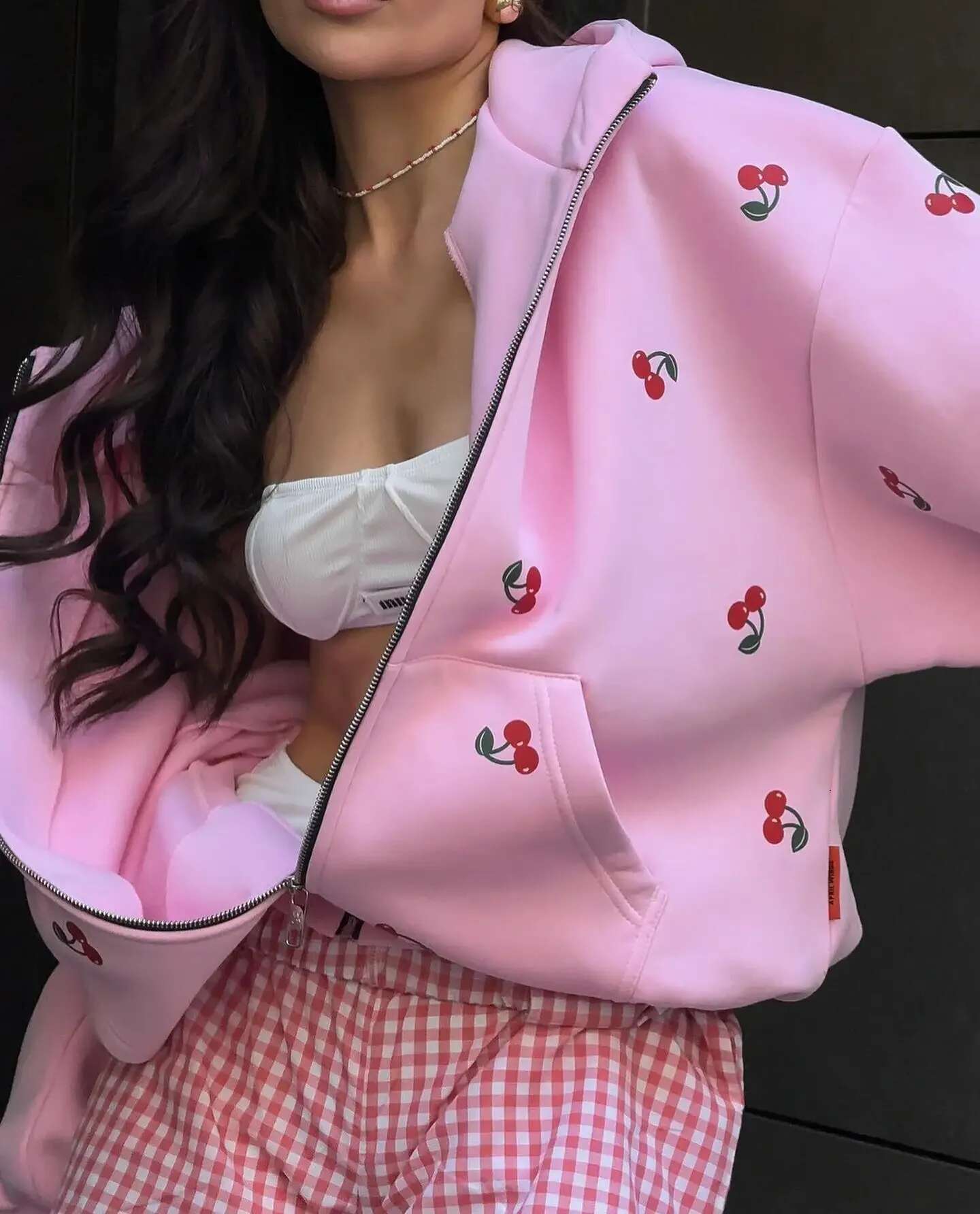 Fresh Style Fashionable Cherry Pattern White Zipper Hoodie Y2k Haruku Versatile Women's Autumn New Sweatshirt