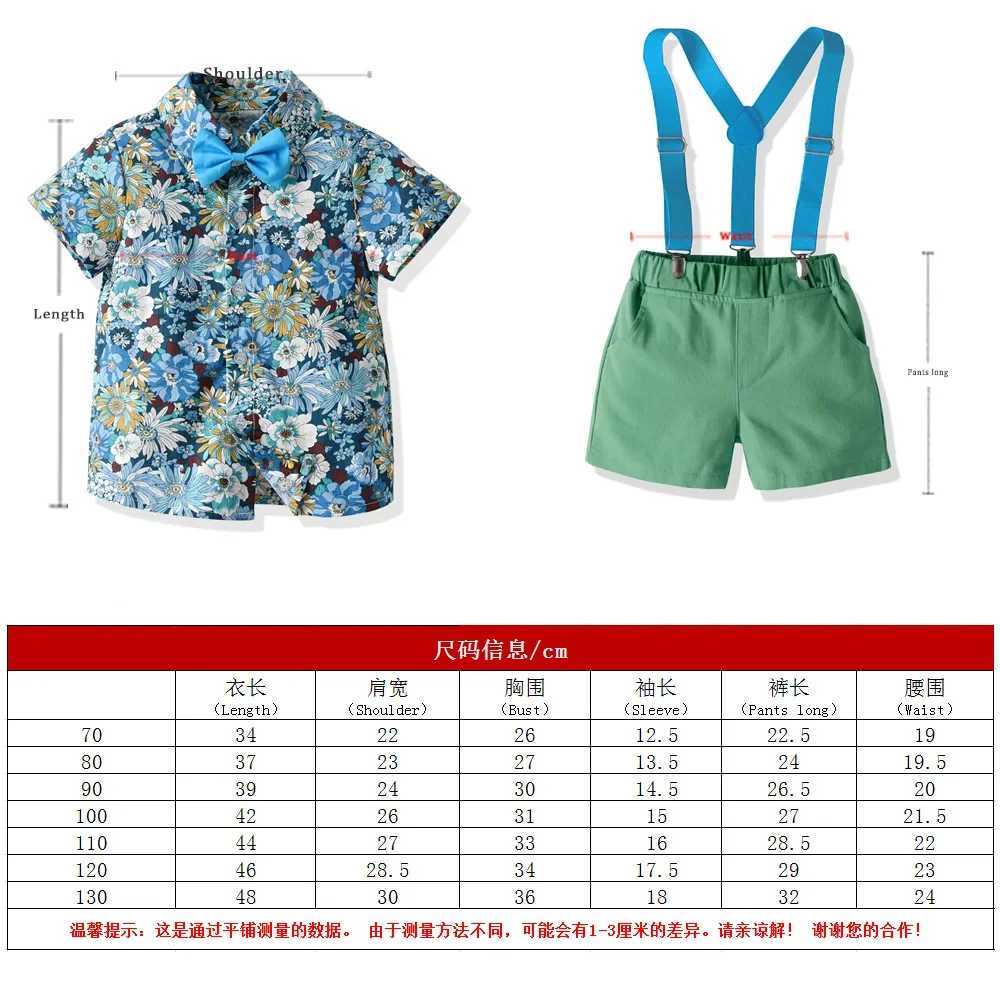 Boys Summer Suit Printed Flower Short-sleeved Shirt and Strap Shorts with Bow Tie Pure Cotton 2-8 Years-old Boy 70-130cm W250218