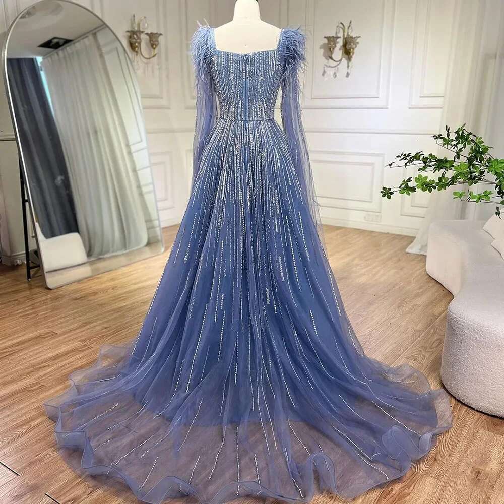 A Dubai E Blue Cape Sleeves Feathers Beaded Evening Dresses Gowns Customize Evening Party