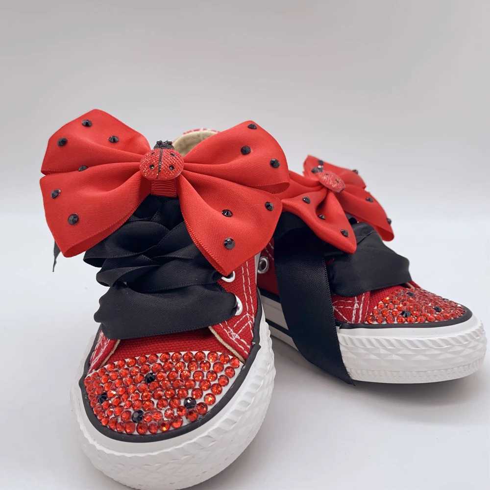 Dollbling Canvas Shoe Custom Handmade Ladybug Low-Top Canvas Rhinestones Casual Flats Kids Crystal Girl Boys Toddler Sneakers Z250217