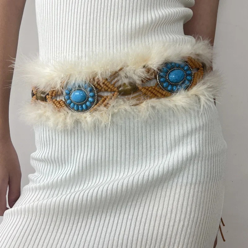 Bohemian Weave Fur Belts Vintage Cowgirl Belt Y2K Metal Plush Waxed Rope Waist Furry Fur Waistband Punk Night Club Beach 250214