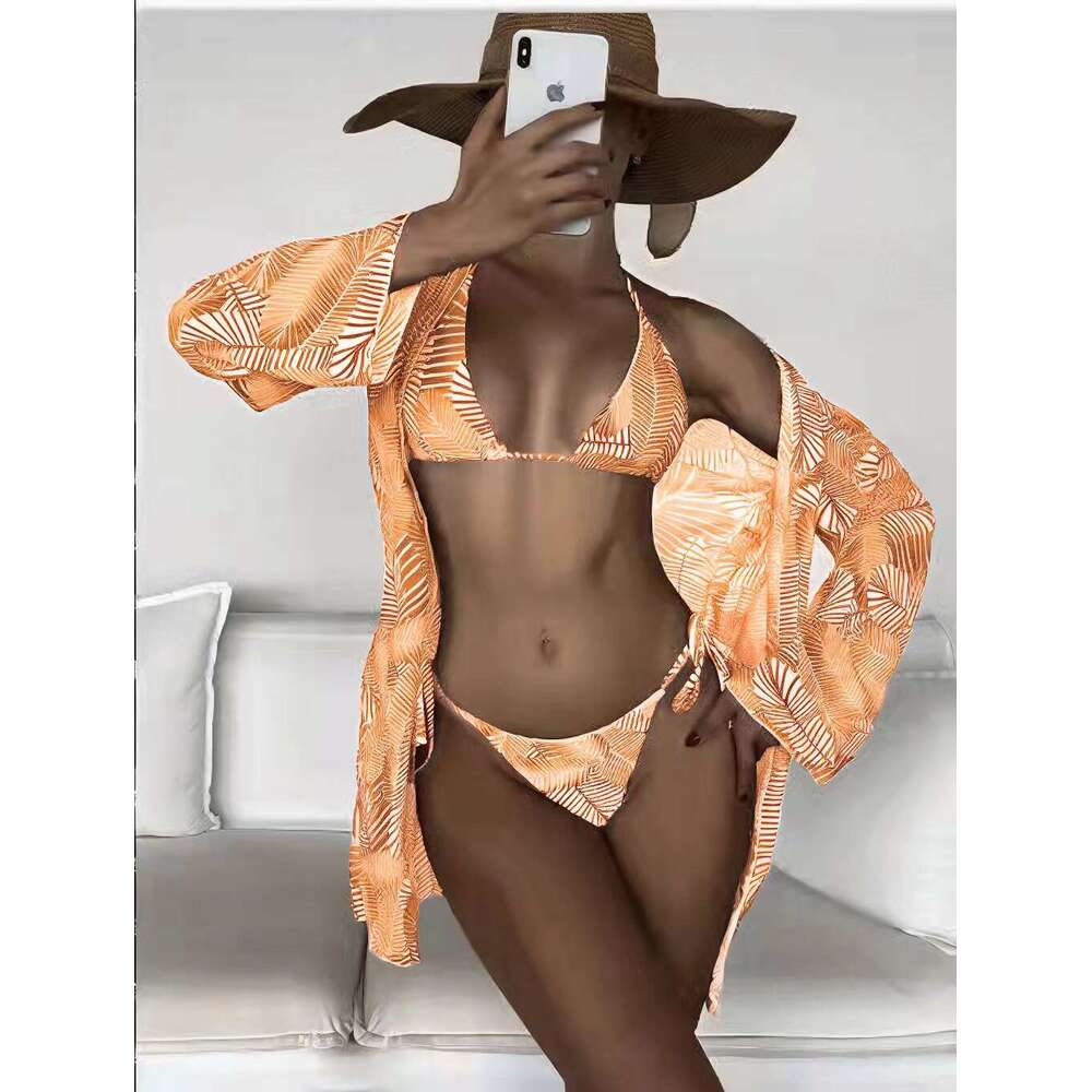 European and American three piece swimsuit with leaf print sexy split beach vacation bikini 2025 new casual versatile fashion clothing