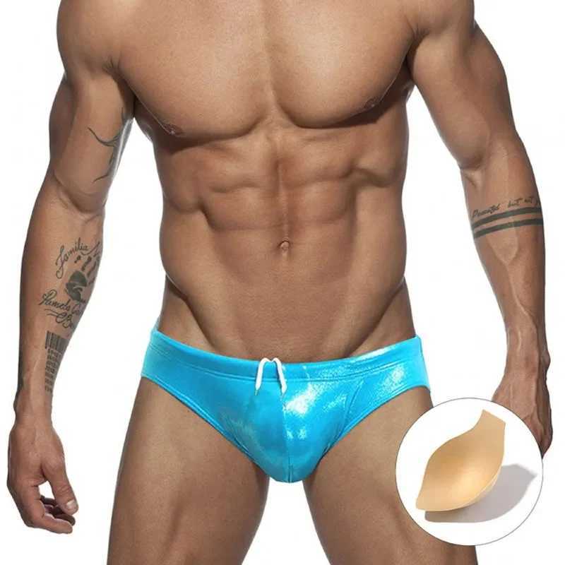 Summer mens swimming shorts made of synthetic leather with cups sexy bikini swimsuits underwear low hanging swimsuits beach shorts swimsuits M250218