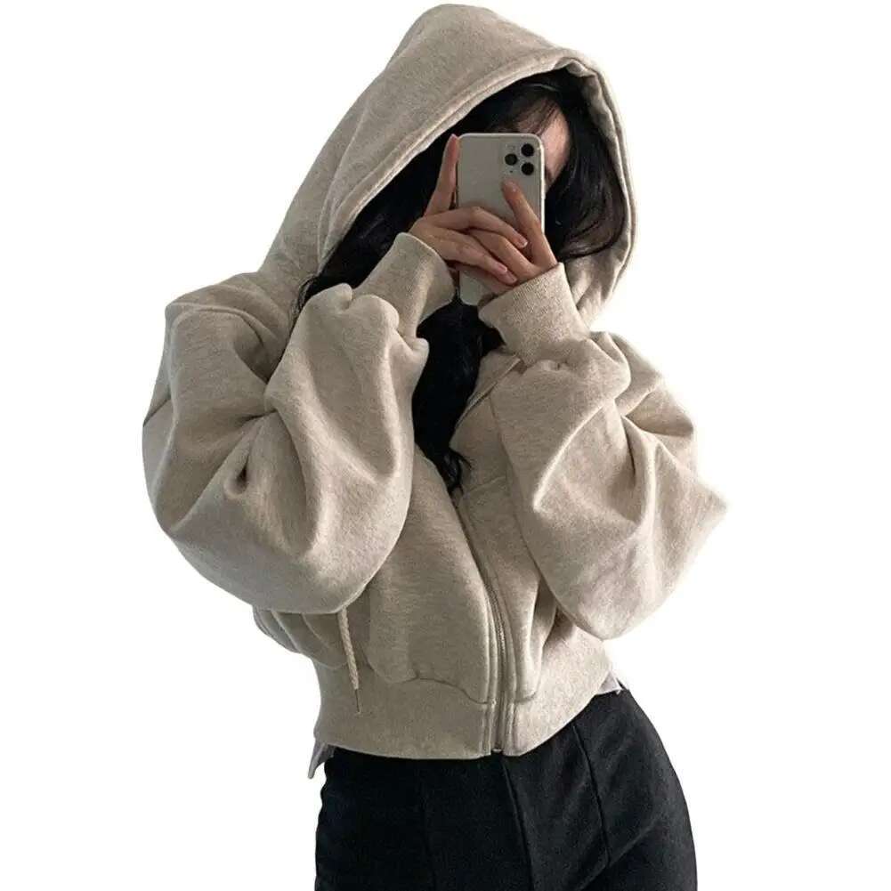 2024 Autumn/Winter New Coat Fashion Cropped Slims Zip-Up Warm Solid Color Hooded Sweatshirt For Women Jacket