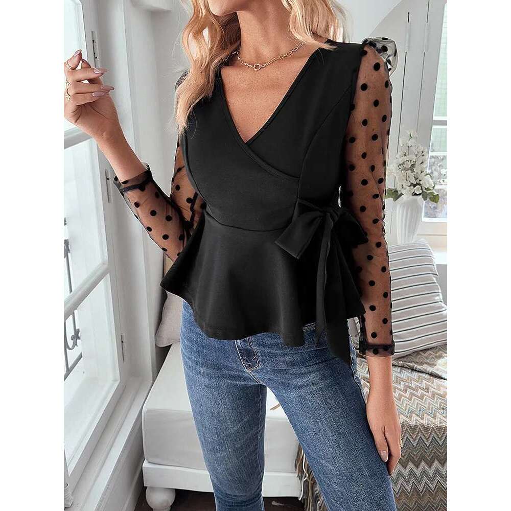Women's Fashion Casual Soild Black Color Mesh Ing Long Sleeve V-Neck Side Bow Loose Hem Waist Knit Top Shirt