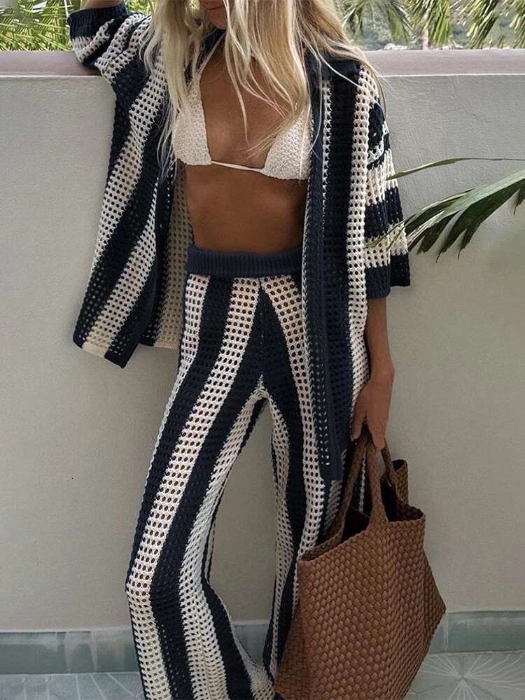 Women's Crochet Knitted Sets Summer Beach Suits Casual Loose Cardigan Tops And Pant Beachwear 2 Piece Set
